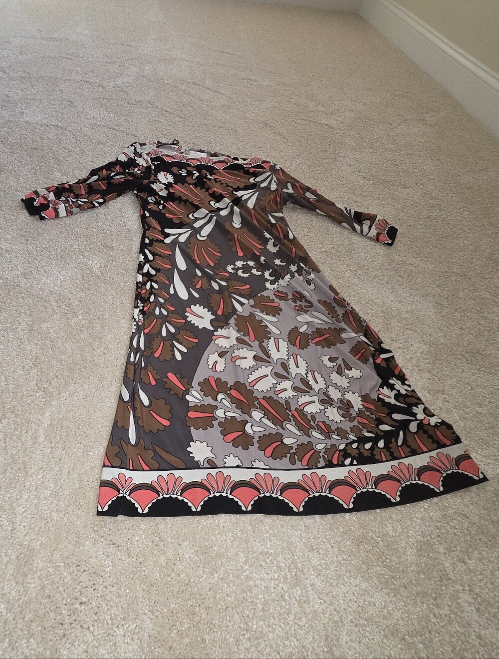 Long Sleeve Floral Maxi Dress in Coral, Brown & Cream